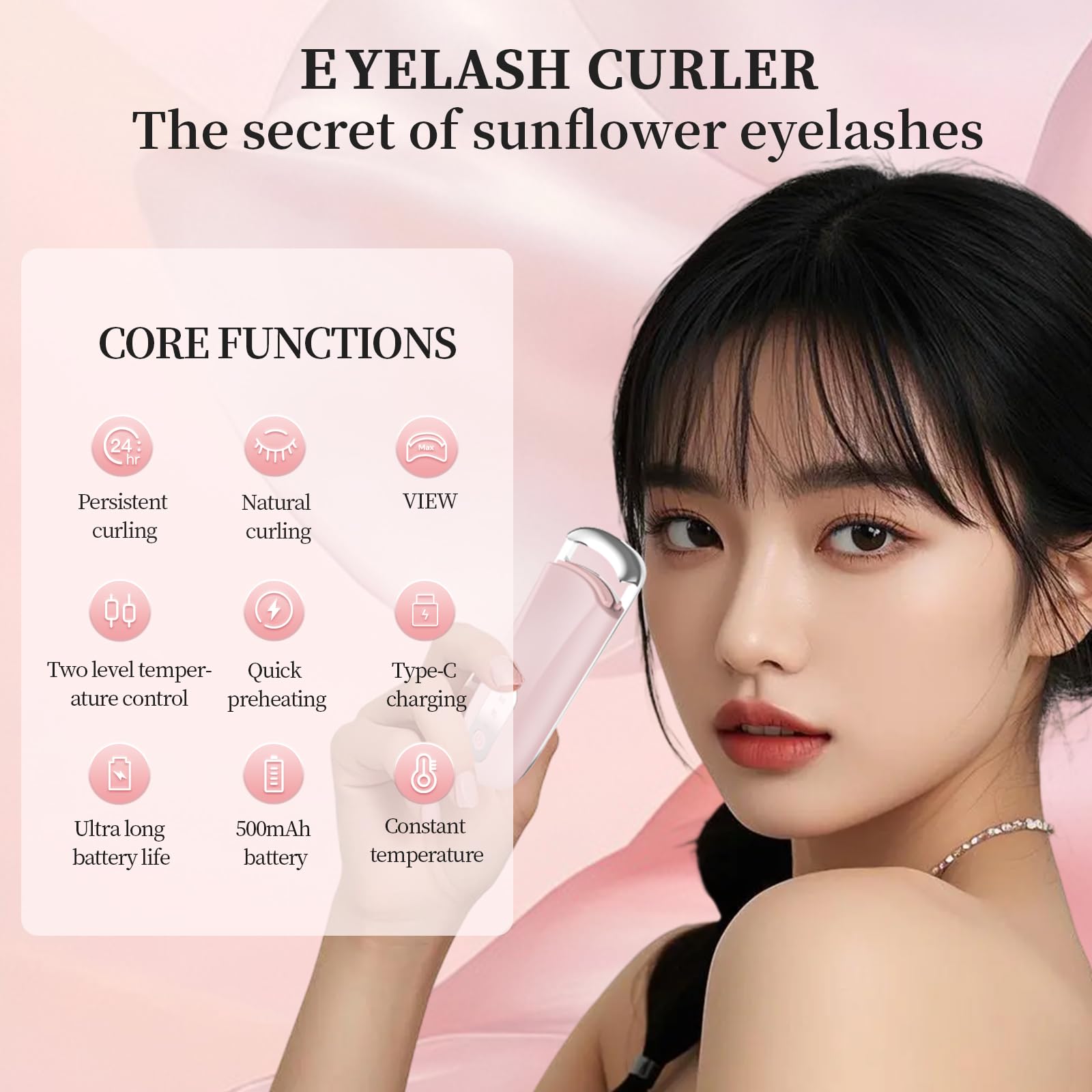 Hsenowi Heated Eyelash Curler for Natural Lashes 2 Level Adjustable Temperature Mini Electric Lash Curler Fast 3 Second Heat Up 24 Hours Long Lasting Curl (Pink Purple)