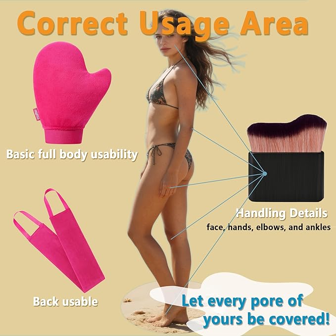 3 Pcs Streakless Self Tanning Mitt and Brush - Leakproof-lined Self Tanner Mitt, Black Self Tanning Brush for Self Tan Mitt Applicator, Self Tanner Brushes, Back Tanning Applicator, Tanning Glove