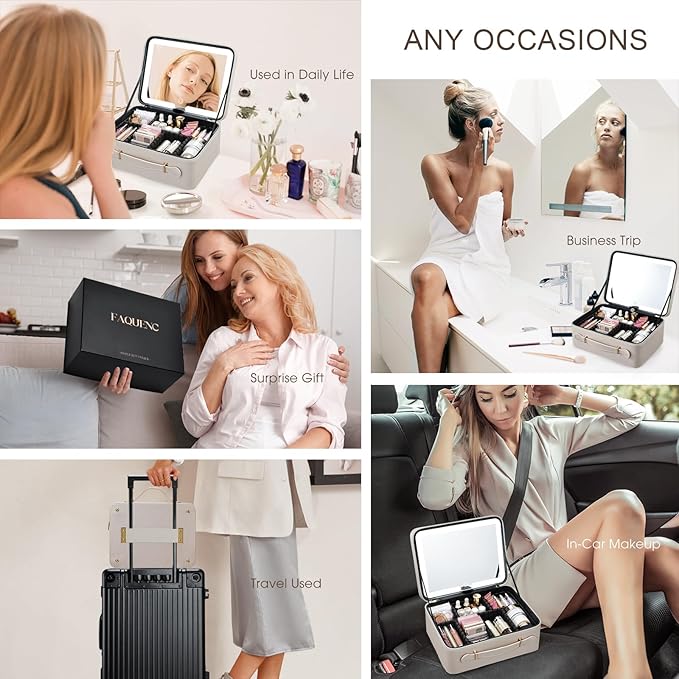 Faquenc Leather Makeup Case with LED Lighted Mirror 11.4 Inch Travel Makeup Bag Adjustable Brightness in 3 Colors Cosmetic Organizer Artist Storage Bag with Dividers Brush Holder Bag Vanity Pale Gold