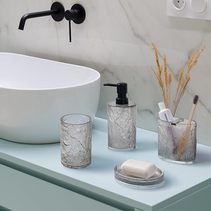 RQYIXI 4 PCS Resin Bathroom Accessories Set,Silver-Grey,Minimalist Luxury