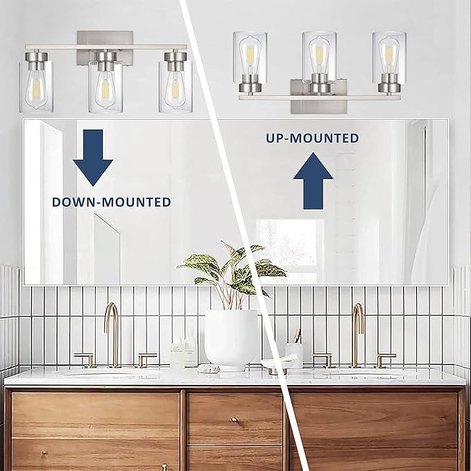 A1A9 3-Light Bathroom Vanity Light, Modern Brushed Nickel Wall Lights with Clear Glass Shades, Bathroom Wall Sconce Lamp for Mirror Living Room Bedroom Hallway
