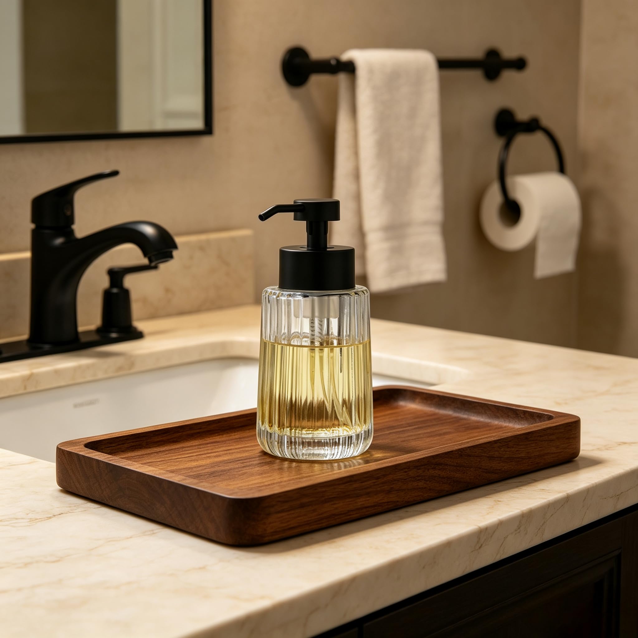 Easy Tang Glass Foaming Soap Dispenser with Black Pump, 12 OZ Vintage-Inspired Modern Glass Refillable Bottle, Hand Soap for Bathroom Countertop and Kitchen
