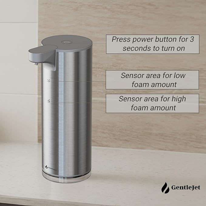GentleJet EasyFoam Automatic Foaming Soap Dispenser, Touchless USB-C Rechargeable Sensor Pump, 304 Stainless Steel, Adjustable Foam, IPX5 Water-Resistant for Bathroom & Kitchen, 10 fl oz / 300 mL