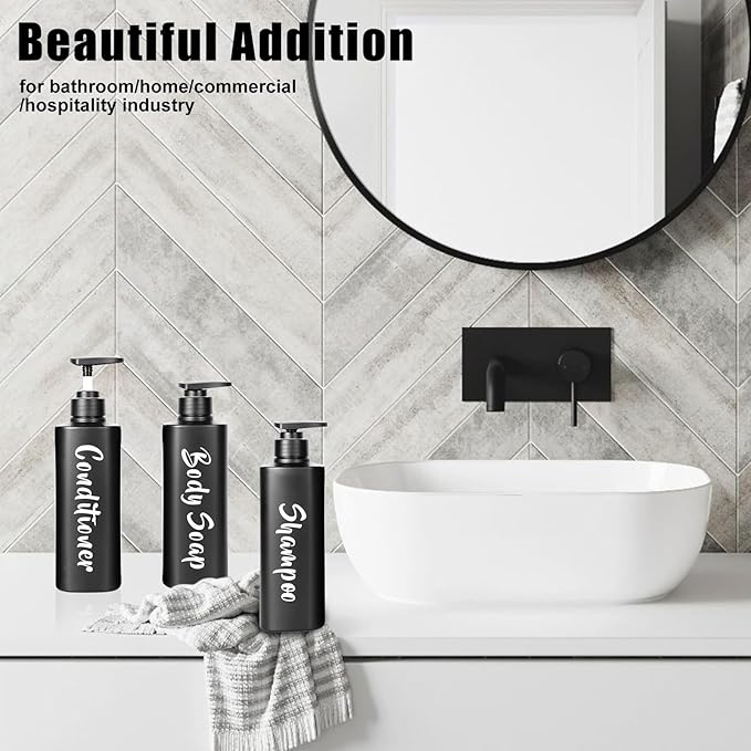 AUMIO 16.9oz Bathroom Soap Dispenser Set, Refillable Shampoo and Conditioner Bottles, Empty Bottles with Pump for Shampoo, Conditioner, or Body Wash, Matte Black Shower Dispensers, Set of 3