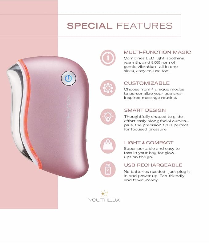 YOUTHLUX ProSculpt Heated Gua Sha Facial Massager – Electric Guasha Tool for Face Sculpting, Relaxation & Skincare | Soothing Vibration Facial Massage Tool with Contoured Design (Rose Gold)