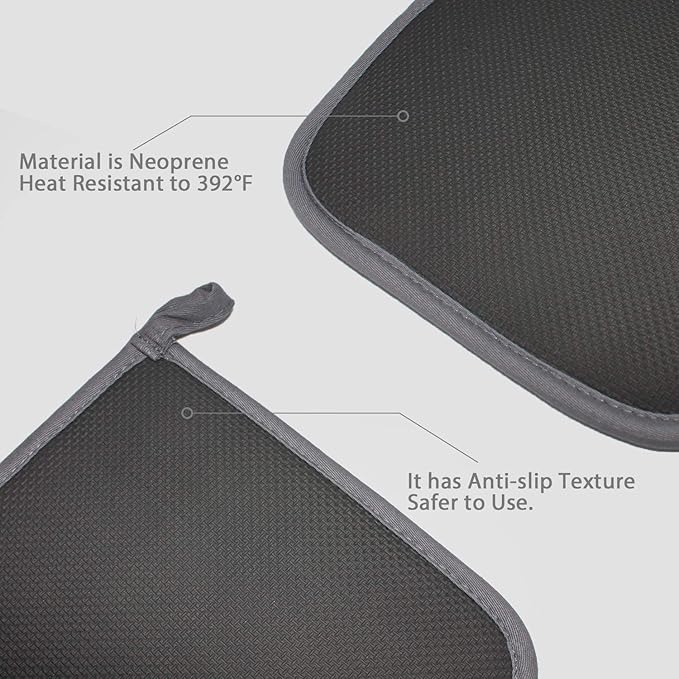 YEKOO 2Pcs Cotton and Neoprene Oven Pads Pot Holders with Pocket 8"x8.5" Dual-Function Hot Pad Set for Finger Hand Wrist Protection Heat Resistant to 428°F,Gray