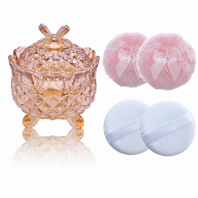 Qopoto 5 Pieces Large Body Powder Puff and Powder Container, Crystal Case for Dust Puff, Powder applicator with Box for Face and Body (Amber, Butterfly)