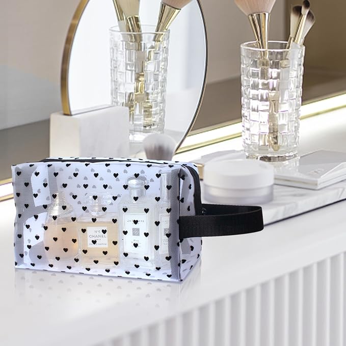 TRAKWAN 5-Piece Heart Printed Mesh Makeup Bag Set, Portable Travel Cosmetic Toiletry Purse Bags, Zipper Storage Pouches for Home Offices Travel Accessories (White)