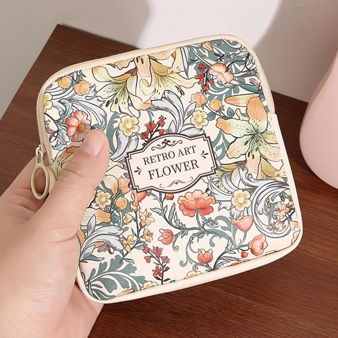 OULIGET Sanitary Napkin Storage Bags,Portable Menstrual Cup Nursing Pad Tampon Storage Pouch,Leather Oil Painting Flower Travel Makeup Bags Coin Purse Sundries Pouch with Zipper
