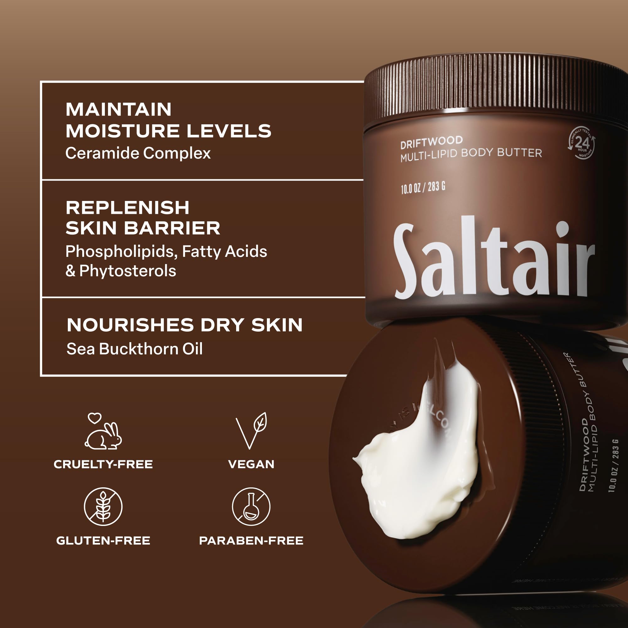 Saltair Multi-Lipid Body Butter – Hydrating 24-Hour Moisture – Body Cream for Soft Skin & Barrier Support – Ceramides, Coconut Oil & Shea Butter for Dry Skin Care – Driftwood, 10oz
