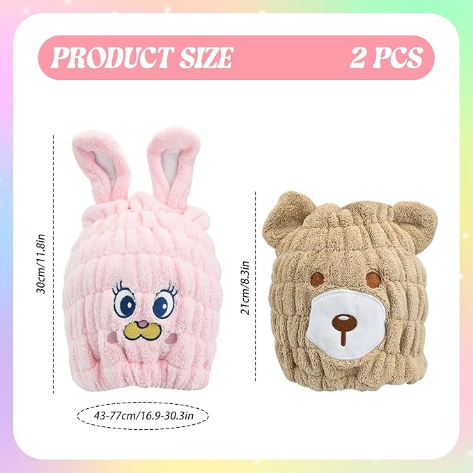 Ksheria 2 PCS Microfiber Hair Towel Wrap for Kids, Girls & Women,Cute Unicorn and White Rabbit Dry Hair Cap - Super Absorbent Quick Drying, Lightweight Turban Towel for Wet Hair (Brown) (Color A)