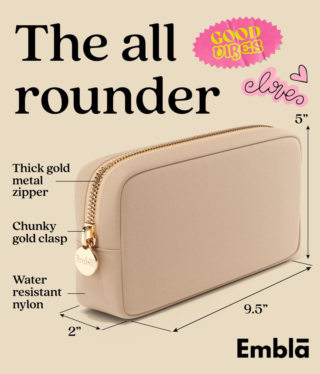 Embla Medium Travel Makeup Bag and Waterproof Nylon Travel Toiletry Bag with Smooth Zipper, Compact Slim Cosmetic Pouch, Beige