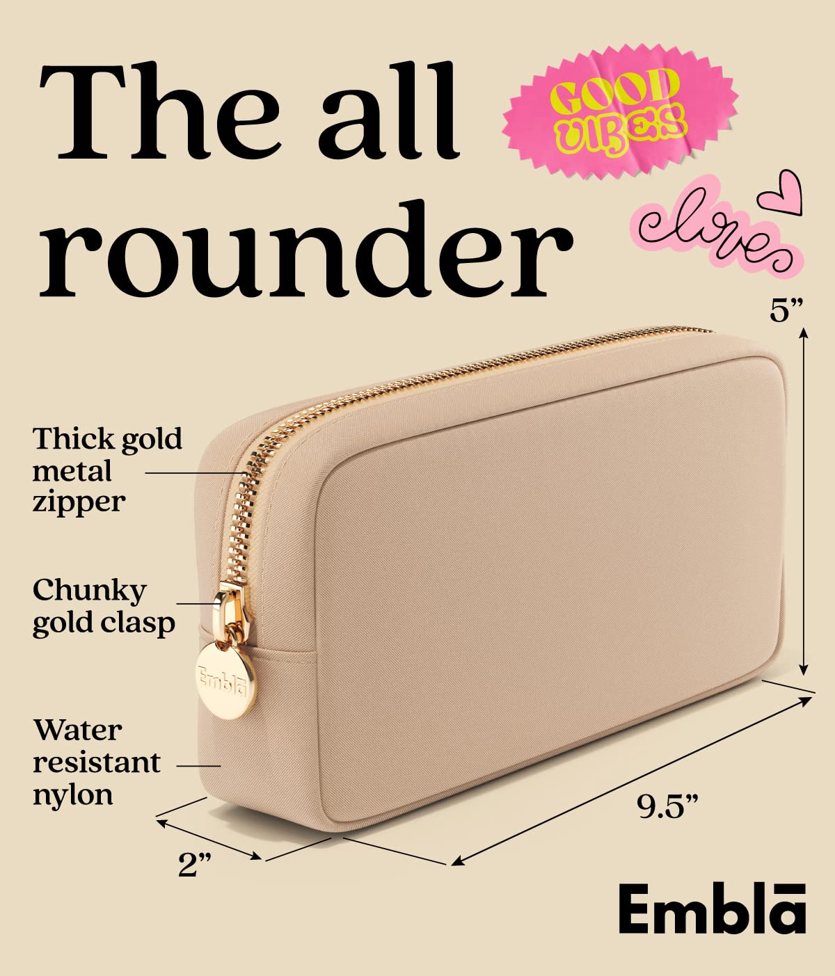 Embla Medium Travel Makeup Bag and Waterproof Nylon Travel Toiletry Bag with Smooth Zipper, Compact Slim Cosmetic Pouch, Beige