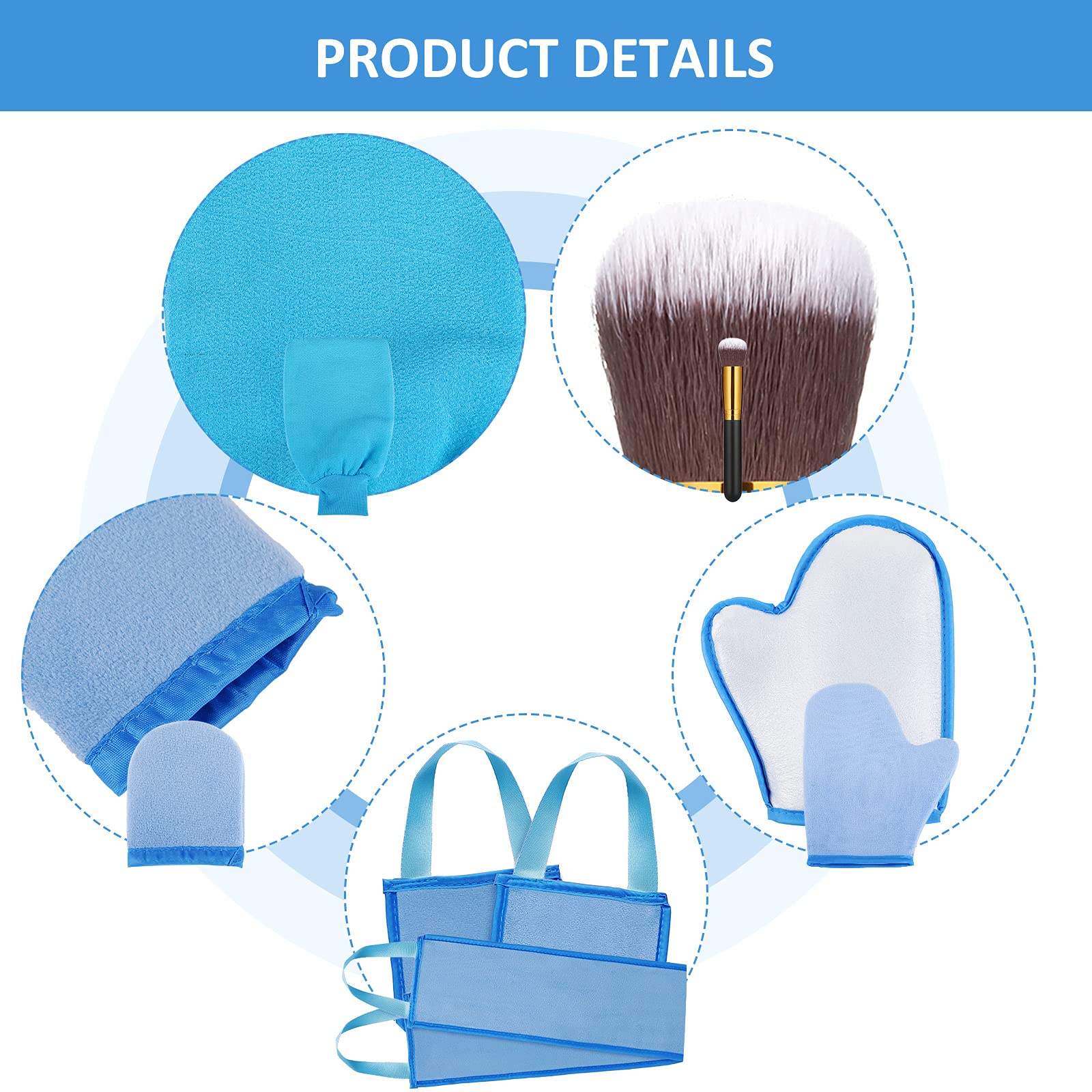 Boao 5 Pieces Self Tanning Mitt Applicator Kit, Includes Tanning Mitt, Exfoliating Glove, Mini Face Glove, Back Lotion Applicator, and Large Brush Makeup(Blue)