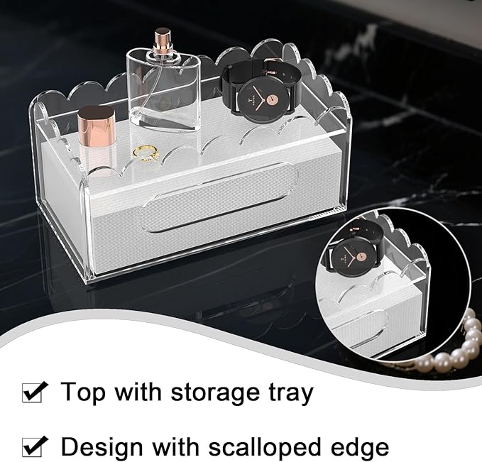 LUGUNU Acrylic Tissue Box Holder, Clear Rectangular Tissue Box Cover with Storage Tray, Modern Decorative Tissue Holder for Living Room, Bathroom and Office, 9.8x5x4.5 Inch