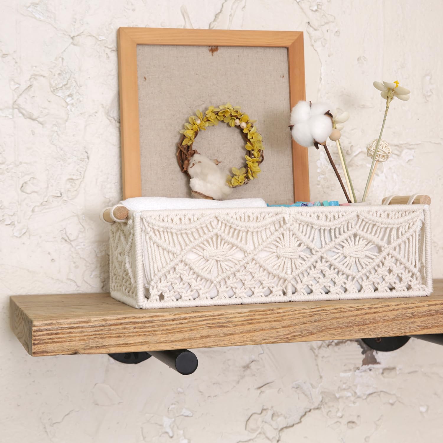Nonam 2pc Macrame Storage Baskets, Boho Woven Boxes for Home, Weave White