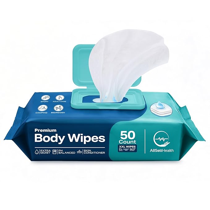 Body Wipes for Adults - XL Wet Wipes 8"x 12"(50 count) | Rinse Free Bathing Wipes - Wash Cloths for incontinence, Disposable Washcloths with Aloe Vera and Vitamin E - Camping, Elderly, Bathing