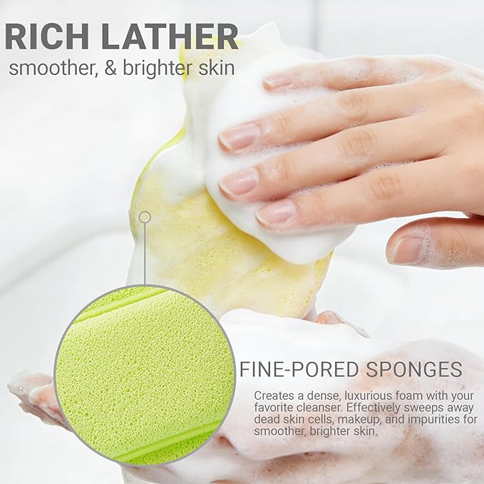 3 Pcs Facial Sponges, Face Scrubber Exfoliator, Reusable Facial Sponge Deep Cleansing Makeup Removal, Gentle Exfoliating Face Pads for Daily Face Wash(Pink & Green)