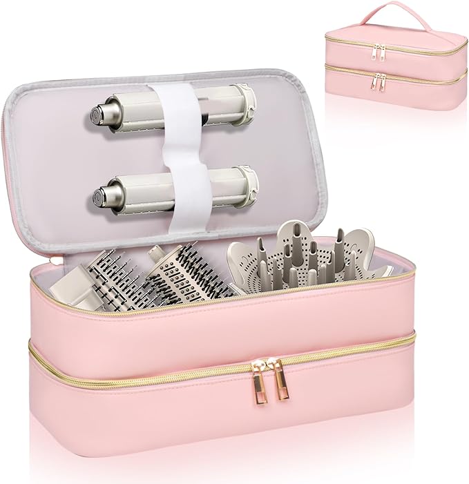 Sambois Travel Carrying Case for Shark Flex Style, Double Layer Storage Case for Shark SpeedStyle Hair Dryer Attachments, Waterproof PU Leather Organizer Bag for Shark Flexstyle Airwrap Styler (Pink)