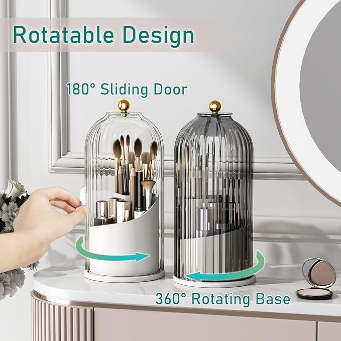 GAXmi Makeup Brush Holder with Lid Rotating Cosmetic Organizer, Transparent