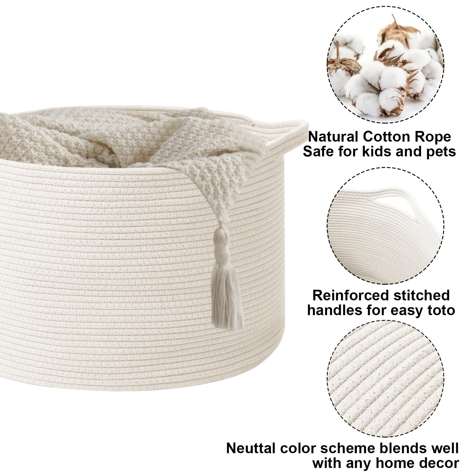 HZFTJOY 115L Extra Large Woven Cotton Rope Blanket Basket-White