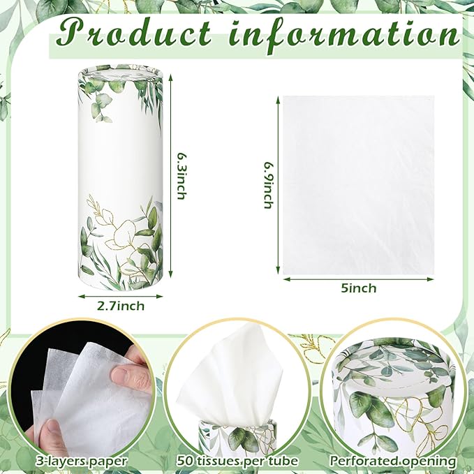 Fourluoo 12 Pack Car Tissue Cylinder Holder Bulk with 3 Ply Facial Tissues, Round Napkin Holders for Car Cup Holder Cylinder Travel Paper Tubes Bulk Round Napkin Boxes Packs(Eucalyptus)