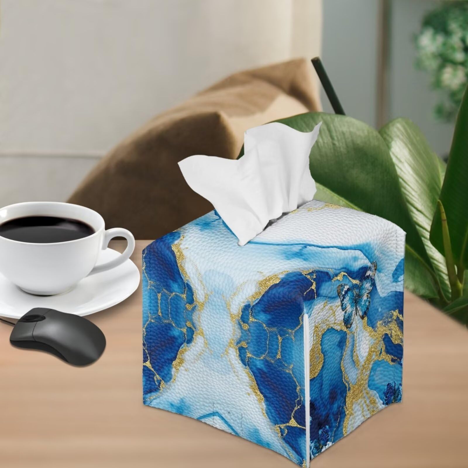 Pzuqiu Blue Marble Butterfly Modern Tissue Box Holder, Waterproof Square PU Leather Napkin Case with Metal Button Closure, Decorative Tissue Cover Organizer for Vanity, Desk, Car, and Living Room
