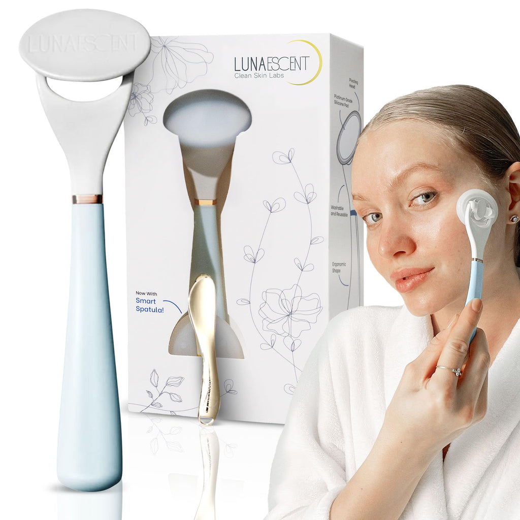 LUNAESCENT Serum Applicator for Face with Spatula, Sky Blue Reusable Skincare Tool for Serums, Oils, Sunscreen, Makeup, Creams and Medicated Ointments, Cooling and Warming Face Massager Tool