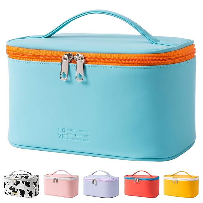 Meiyuuo Travel Makeup Bag for Women, PU Leather Cosmetic Bag, Cyan Blue