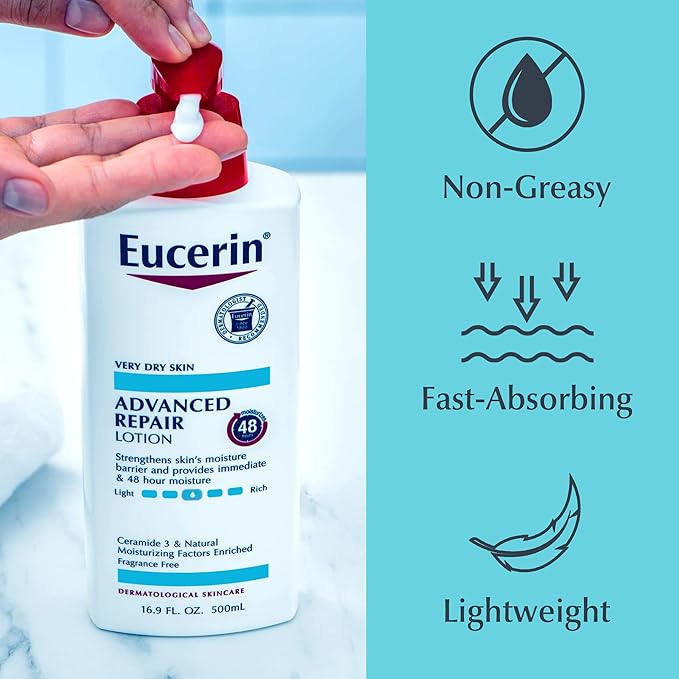Eucerin Advanced Repair Body Lotion, 16.9 FL OZ Pump Bottle, and Eucerin Advanced Cleansing Body Wash and Face Cleanser, 16.9 FL OZ Bottle, Dry Skin Relief Bundle