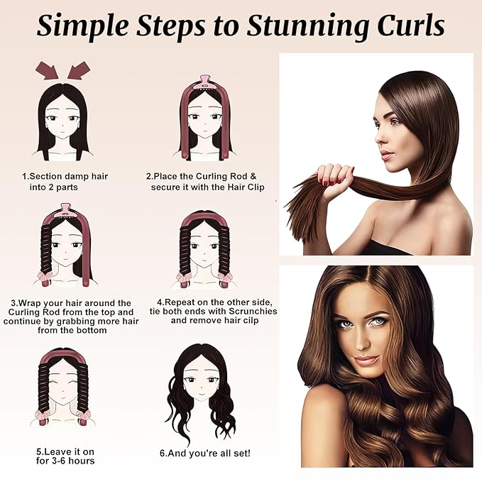 Heatless Curling set,Silk Curls Rod Headband,No Heat Rollers to Sleep in Overnight,Satin Hair Curlers for Long and Medium Hair(Pink)