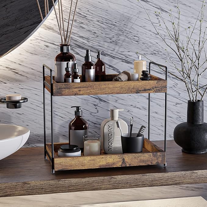 SANRETAHO 2-Tier Wood Bathroom Counter Organizer, Kitchen Spice Rack