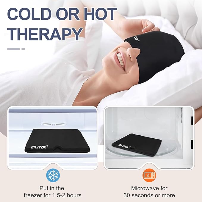 EXQUISLIFE Migraine Headache Relief Cap, Gel Ice Head Wrap, Hot and Cold Therapy, Headache Eyes Mask for Sinus, Puffy Eyes, Tension and Stress Relief (Black)