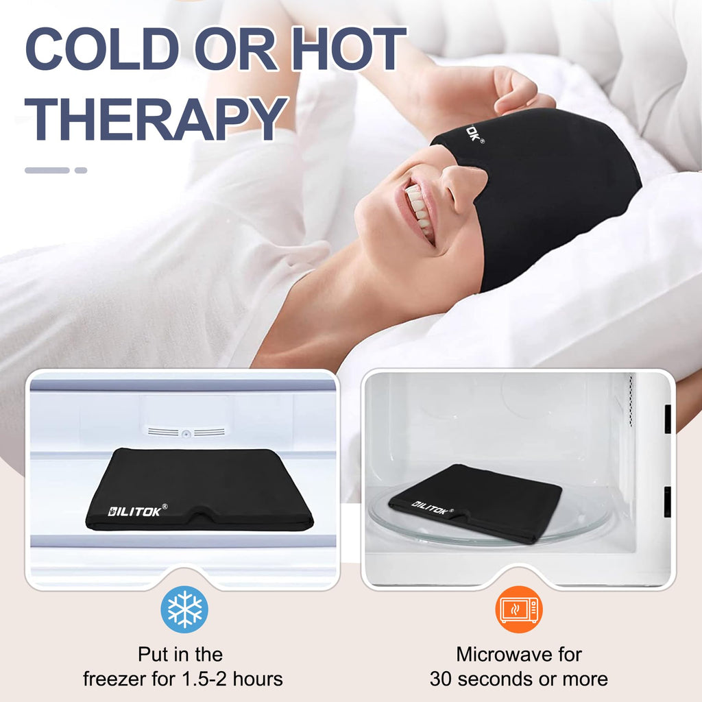 EXQUISLIFE Migraine Headache Relief Cap, Gel Ice Head Wrap, Hot and Cold Therapy, Headache Eyes Mask for Sinus, Puffy Eyes, Tension and Stress Relief (Black)