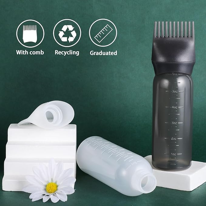 Pimoys 6Oz Root Comb Hair Dye Oil Applicator Bottles for Scalp, Black