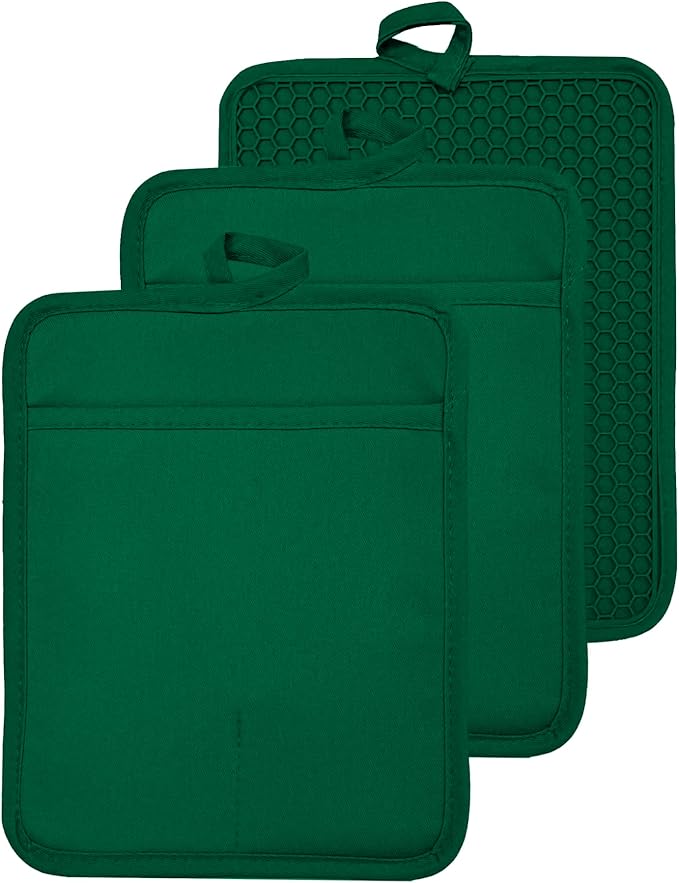 VEIKERY Oven Pot Holder with Pocket Cotton Heat Resistant Coaster Potholder Kitchen Hot Pad Oven Mitts for Cooking and Baking Square 7"x9" (Jasper, Silicone)