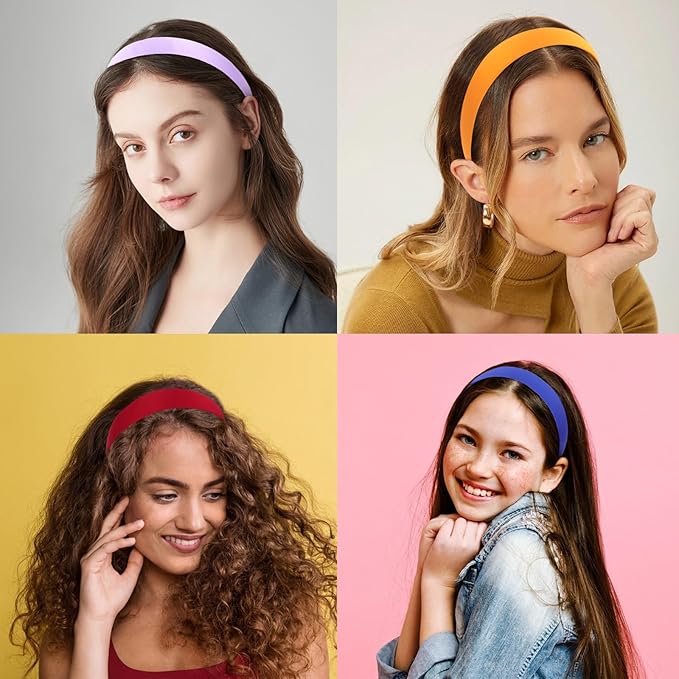 Wecoe Hairband, 10 Pack Satin Headbands Women 1.3 Inch Wide White Blue Pink Purple Red Orange Yellow Green, Non Slip Fashion Hair Bands Diy Holiday Costume Hair Accessories Women Girls