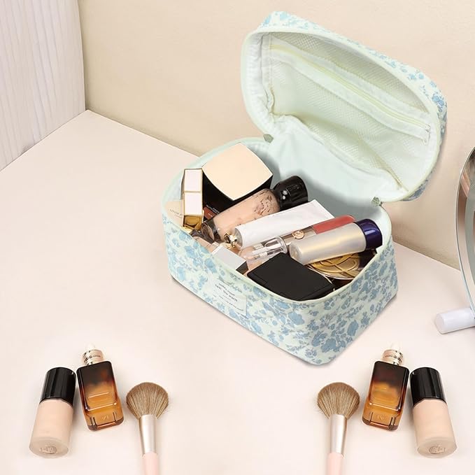Gosect Large Makeup Bag, Cute Cosmetic Bag for Women Girls, Floral Coquette Aesthetic Toiletry Bag, Travel Make Up Organizer Bag (light blue)