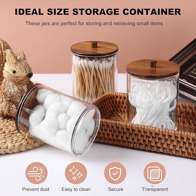 2 Pack Qtip Holder Dispenser with Wood Lids - 10 oz Clear Plastic Apothecary Jar Containers for Vanity Makeup Organizer Storage - Bathroom Accessories Set for Cotton Swab,Pads, Ball, Floss