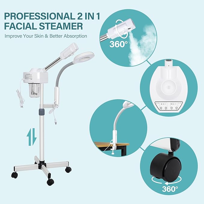 BBBuy 2 in 1 Facial Steamer Professional Nano Ionic Face Deep Cleansing Hydration with 5X Magnifying LED Lamp & Rolling Wheels, High Frequency, Portable Home Spa Salon Beauty Skin Care Equipment