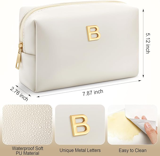 Kigeli Gifts for Women Teen Girls Gifts for Bridesmaid Mom Teachers Graduation Birthday Wedding Personalized Initial Makeup Bag Beige PU Leather Monogram Cosmetic Waterproof Travel Toiletry Bag(B)