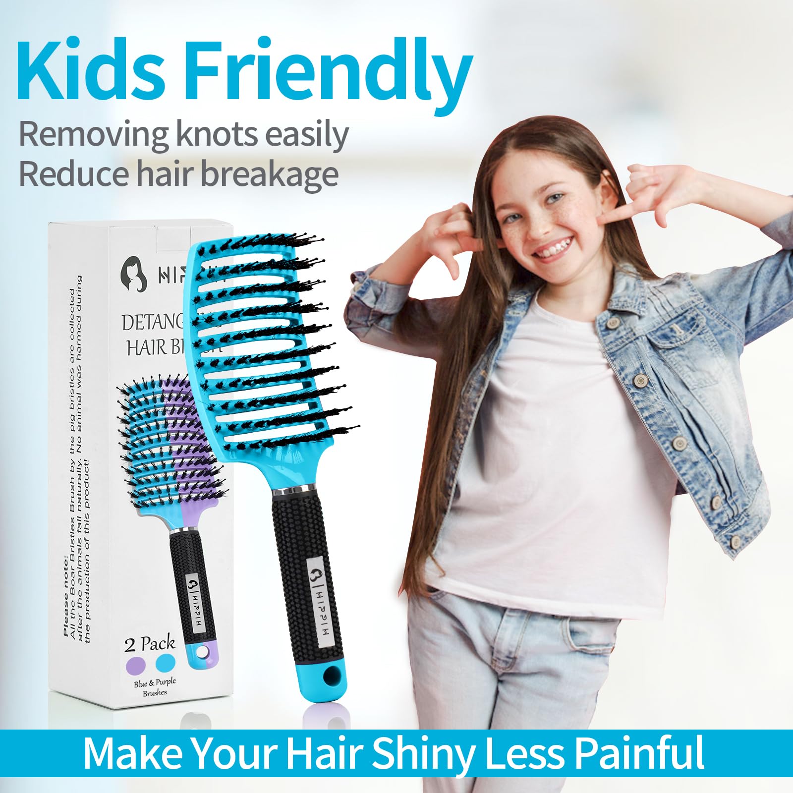 Boar Bristle Hair Brush Set of 2, HIPPIH Wet & Dry Hair Brushes Made by Fine Natural Boar Hair Can Adds Shine and Smoothing, Detangling Hairbrush for Women, Men & Kids' Long Curly Thick Hair