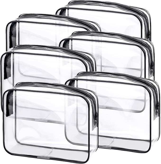CHICAUP 6 Pieces Clear Makeup Bags Bulk TSA Approved Toiletry Bag for Travel PVC Waterproof Clear Cosmetic Pouch with Zipper for Men and Women Carry-on Travel Essentials (Black)