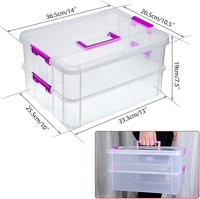 BTSKY 2 Layer Stack & Carry Box, Plastic Multipurpose Portable Storage Container Box Handled Organizer Storage Box for Organizing Stationery, Sewing, Art Craft, Jewelry and Beauty Supplies(Purple)