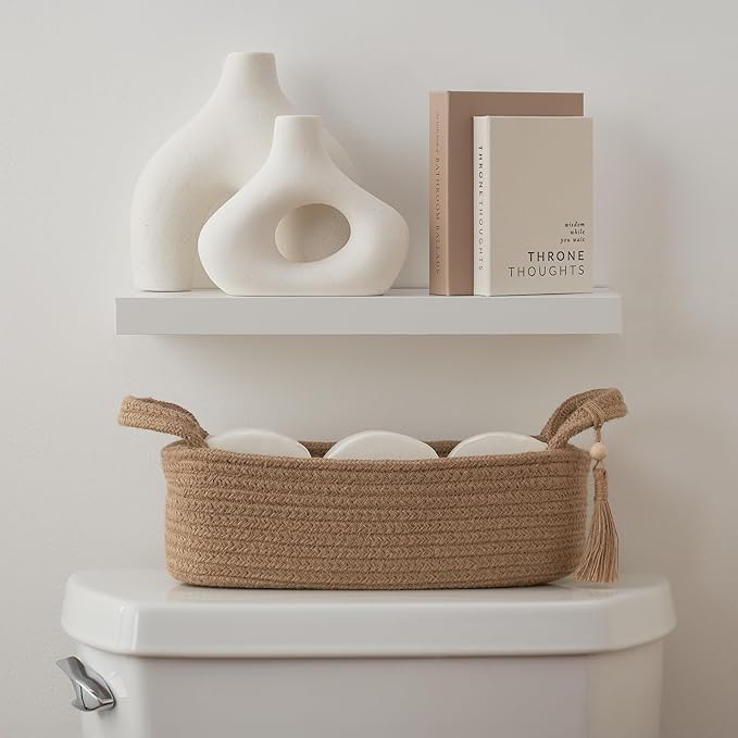Decorative Toilet Paper Basket – Beautiful Bathroom Organizer for Toilet Tank Storage Decor – Boho Jute Cotton Rope Bin with Tassel for Bathroom Accessories and as Shelf Decor
