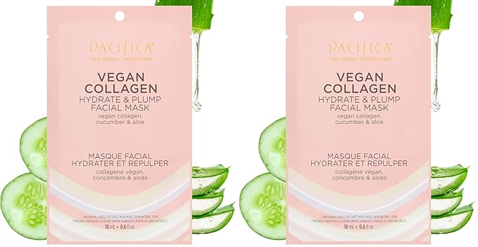 Pacifica Beauty, Vegan Collagen Hydrate & Plump Face Mask, Sheet Mask Set, Skincare, Moisturizer, Hydrated Dewy Skin, Cucumber & Aloe, For Dry & Aging Skin, 2 Pack, Vegan
