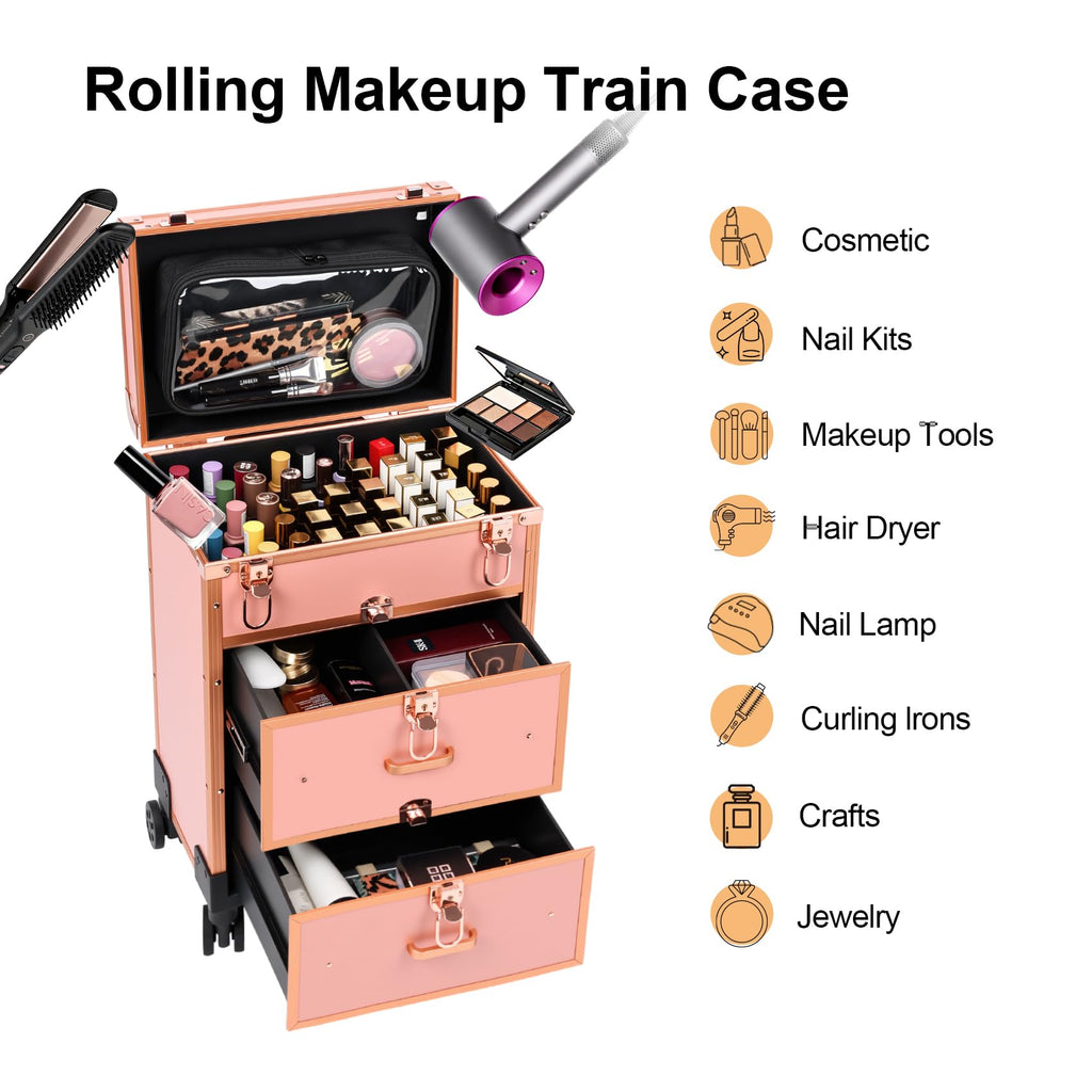 3 in 1 Rolling Makeup Case, Professional Cosmetology Case on Wheels, Detachable Clear Makeup Bag & Nail Polish Organizer, Portable Makeup Trolley with Drawers for Makeup Artists & Nail Technicians