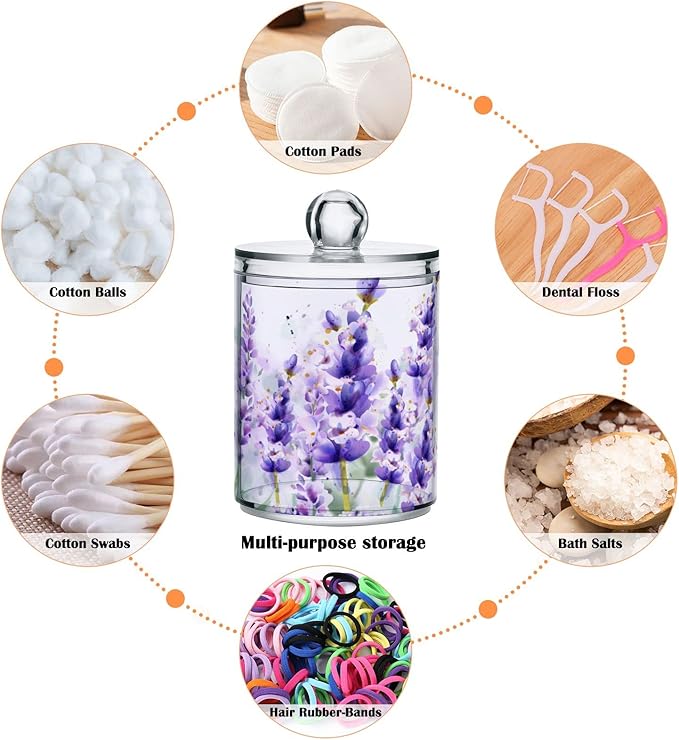 2 Pack Qtip Holder Dispenser for Cotton Ball Purple Lavender Cotton Swab Round Pads Clear Plastic Acrylic Jar Set Bathroom Canister