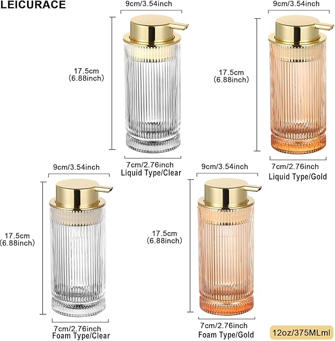 Glass Foam Soap Dispenser, Refillable Faming Dispenser with Gold Pump, Foam Hand Soap Dispenser for Bathroom Kitchen, Modern Home Bathroom Kitchen Decor （Foam Type/Gold）