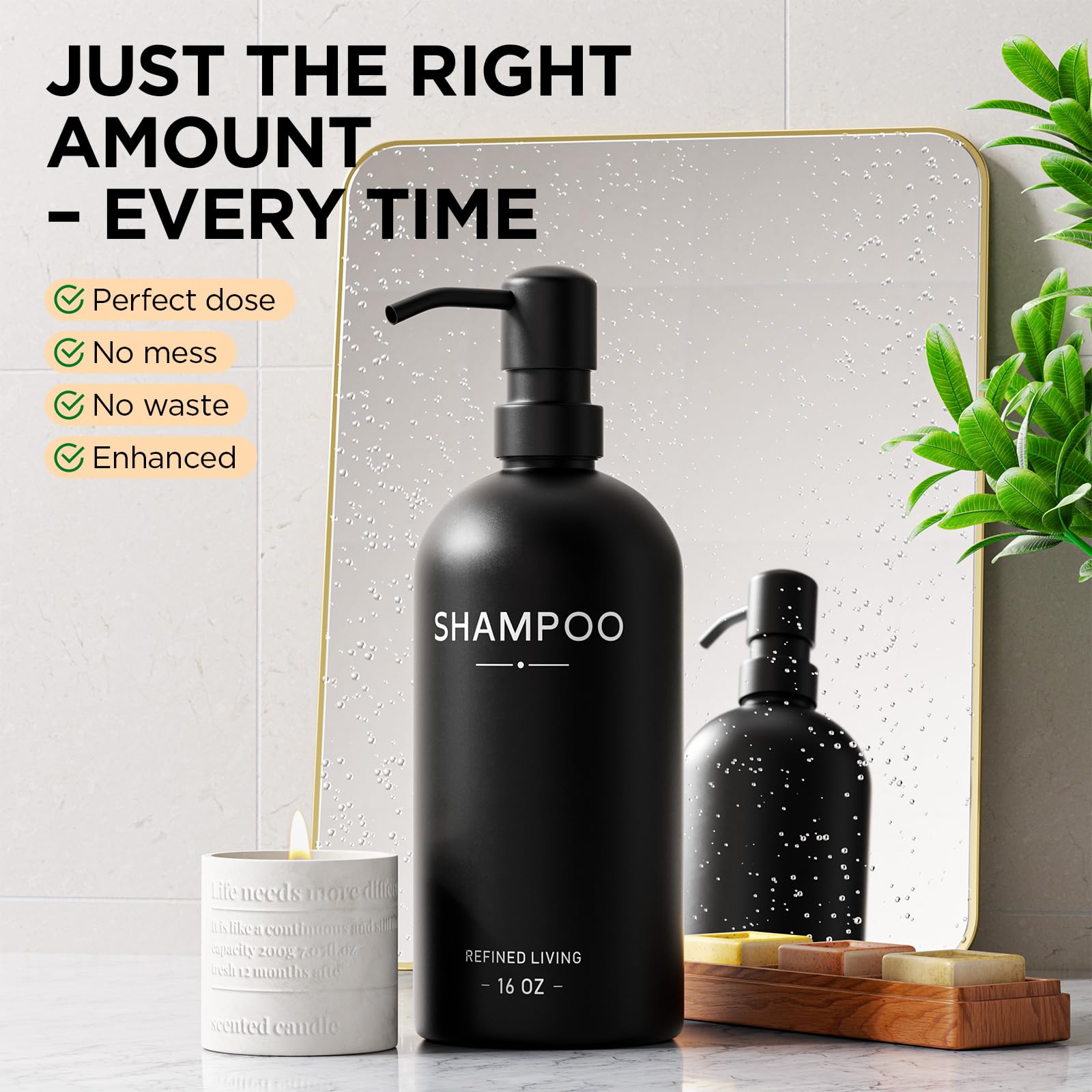 Shampoo and Conditioner Dispenser Set,3 Refillable 16oz Bottles with Stainless Steel Pumps – Shower Soap Dispensers for Bathroom, Hotel or Airbnb (Black, 3-Pack)